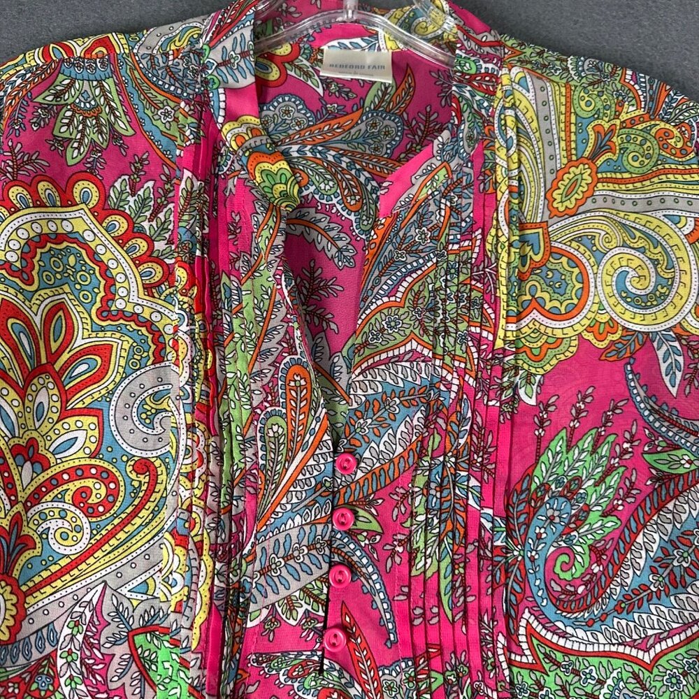 Vtg Bedford Fair Womens‎ Large Pink Paisley Print Split V-Neck 3/4 Sleeve Blouse - Picture 2 of 7